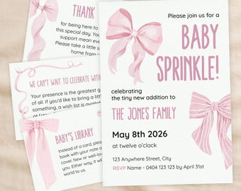 Pink Watercolour Bow Baby Sprinkle Invitation Template Bundle, Printable 5x7 Invite Set