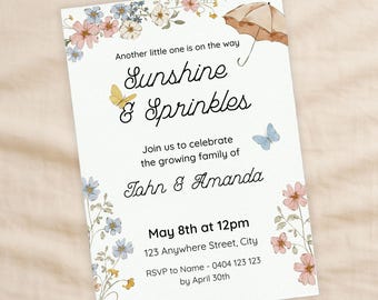 Baby Sprinkle Invitation Set, Sunshine and Sprinkles Invite, Watercolour Spring Floral Shower, Canva Template