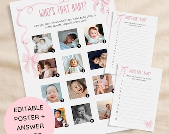 Who's That Baby Game | Pink Bow Baby Shower, Editable (Digital Download)