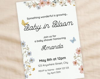 Floral Watercolour Spring Baby Shower Invitation Bundle, Printable 5x7 Invite Set, Canva Template
