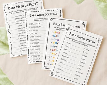 Zestaw gier na baby shower: styl quizu, zadania do wydrukowania (PDF + szablon Canva)