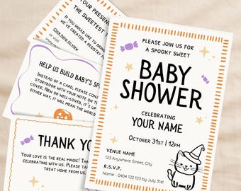 Zestaw zaproszeń na baby shower z okazji Halloween: edytowalny szablon Canva (pobranie cyfrowe)