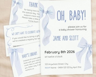 Blue Watercolour Bow Baby Shower Invitation Template Bundle, Printable 5x7 Invite Set