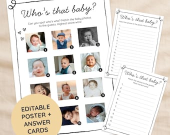 Who’s That Baby Game | Printable Baby Shower Activity Poster & Answer Sheets, Canva Editable