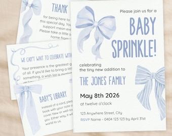 Blue Watercolour Bow Baby Sprinkle Invitation Template Bundle, Printable 5x7 Invite Set