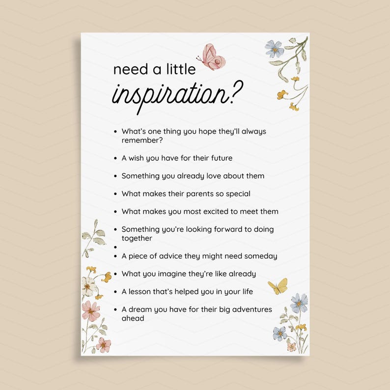 Op de afbeelding: Een witte kaart met de woorden "need a little inspiration?" in zwart schrift. De kaart bevat een lijst met prompts, met bloemen- en vlinderillustraties. De prompts zijn ontworpen om reflectie en gedachten te inspireren.