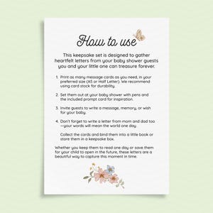 Op de afbeelding: Een witte kaart met de tekst "How to use" en instructies voor een baby shower keepsake set. De kaart bevat bloemen- en vlinderillustraties. De instructies begeleiden gebruikers bij het verzamelen van oprechte brieven van baby shower gasten.