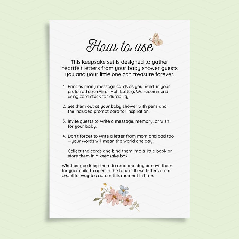 Op de afbeelding: Een witte kaart met de tekst "How to use" en instructies voor een baby shower keepsake set. De kaart bevat bloemen- en vlinderillustraties. De instructies begeleiden gebruikers bij het verzamelen van oprechte brieven van baby shower gasten.
