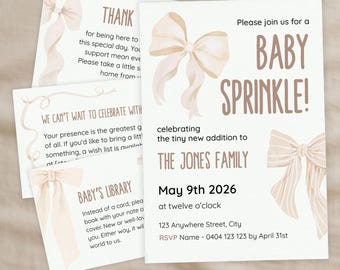 Beige Watercolour Bow Baby Sprinkle Invitation Template Bundle, Printable 5x7 Invite Set
