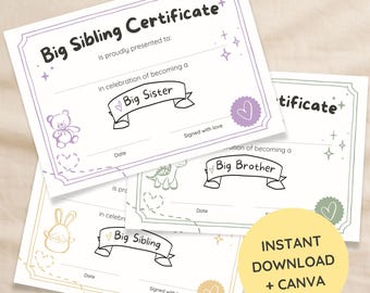 Big Sibling Certificate Printable | Award Keepsake for Kids | Instant Download PDF + Canva Template