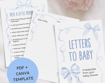 Listy do dziecka do wydrukowania w niebieskie kokardki – zabawa i pamiątka na baby shower dla chłopca – gra do pobrania natychmiast dla gości | Tiny Keeps Co