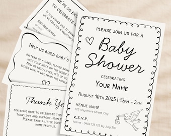 Edytowalny zestaw zaproszeń na baby shower: szablon Canva, rejestr prezentów, kartki z podziękowaniami (do pobrania w wersji cyfrowej)