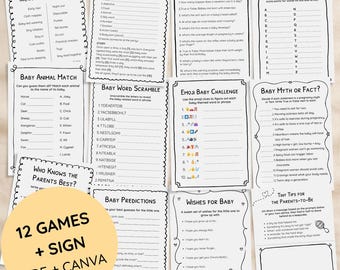 Complete Baby Shower Games Printable Bundle with 12 Activities and Matching Sign
