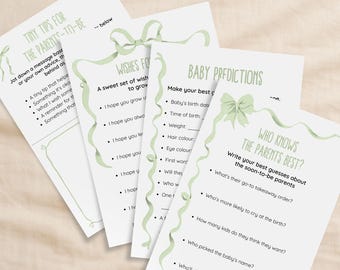 Green Bows Baby Shower Games Bundle: Wishes for Baby, Predictions, Advice (PDF Download + Editable)