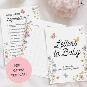 Op de afbeelding: Een set briefpapier voor een babyshower met bloemen- en vlinderillustraties. De kaarten bevatten vragen als "Letters to Baby" en "need a little inspiration?" met ruimte om te schrijven. Het ontwerp is zacht en vrouwelijk, met een roze en wit kleurenschema.