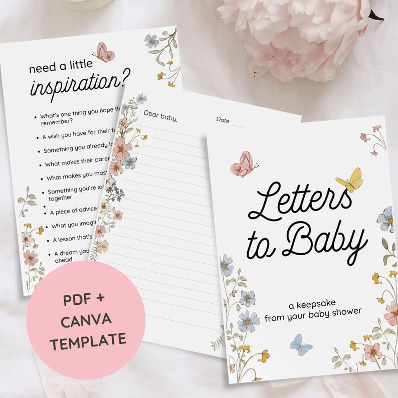 Op de afbeelding: Een set briefpapier voor een babyshower met bloemen- en vlinderillustraties. De kaarten bevatten vragen als "Letters to Baby" en "need a little inspiration?" met ruimte om te schrijven. Het ontwerp is zacht en vrouwelijk, met een roze en wit kleurenschema.