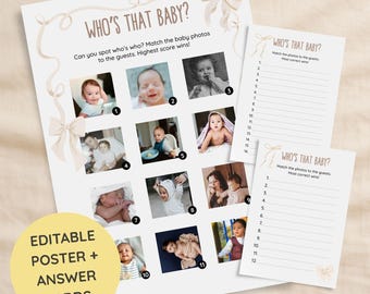 Who's That Baby Game | Beige Bow Baby Shower, Editable (Digital Download)
