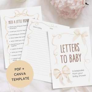 Puede incluir: Un conjunto de papelería para baby shower con una paleta de colores suave y neutra. El diseño incluye tarjetas con el texto "Letters to Baby" y "Need a Little Inspiration". Las tarjetas están decoradas con ilustraciones de cintas y lazos.