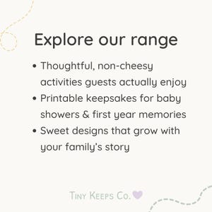Op de afbeelding: Witte achtergrond met de tekst "Ontdek ons assortiment" en opsommingstekens die babyborrelactiviteiten, aandenkens en ontwerpen beschrijven. Het Tiny Keeps Co.-logo staat onderaan.