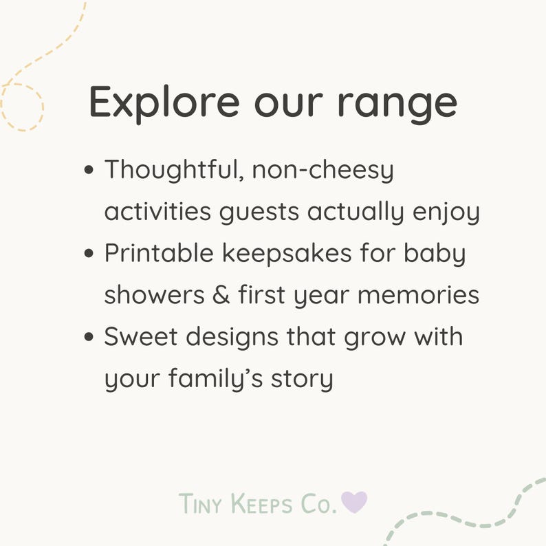 Op de afbeelding: Witte achtergrond met de tekst "Ontdek ons assortiment" en opsommingstekens die babyborrelactiviteiten, aandenkens en ontwerpen beschrijven. Het Tiny Keeps Co.-logo staat onderaan.