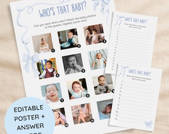 Who's That Baby Game | Blue Bow Baby Shower, Editable (Digital Download)