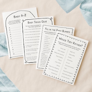 Könnte beinhalten: Vier weiße Karten mit schwarzem Text für ein Babyparty-Spiel. Die Karten enthalten "Baby A-Z", "Baby Trivia Quiz", "Fill in the Baby Blanks" und "Would They Rather?" mit verschiedenen Fragen.