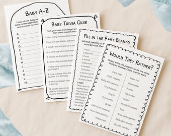 Zestaw gier na baby shower do druku: quizy, A-Z, wypełnianie, co by wolał(a) (pobierz plik PDF)