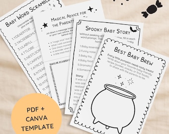 Zestaw gier na Halloween z okazji baby shower: Straszne aktywności do druku (PDF + Canva)