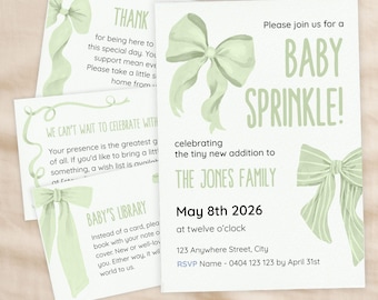Green Watercolour Bow Baby Sprinkle Invitation Template Bundle, Printable 5x7 Invite Set