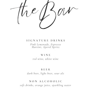 May include: A minimalist bar menu on a white background. The title "the Bar" is in elegant script. The menu lists signature drinks, wine, beer, and non-alcoholic options, including Pink Lemonade and Espresso Martini.
