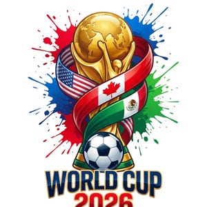 Op de afbeelding: Een gouden trofee met een wereldbol aan de top, omwikkeld met linten in de kleuren van de vlaggen van de Verenigde Staten, Canada en Mexico. Een zwart-witte voetbal staat aan de basis. De tekst WORLD CUP 2026 staat eronder met kleurrijke verfspatten.