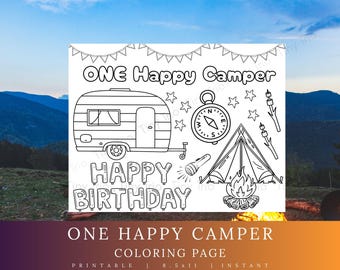 One Happy Camper Birthday Coloring Page: First Birthday Party Activity (PDF Download)