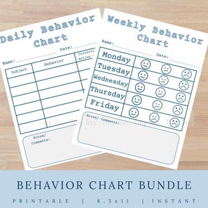 Può includere: Due grafici di comportamento stampabili bianchi con testo blu. Uno è un grafico giornaliero, l'altro un grafico settimanale. Il grafico settimanale ha una sezione per ogni giorno della settimana con opzioni di faccine sorridenti e accigliate. La parte inferiore dell'immagine recita "BEHAVIOR CHART BUNDLE".