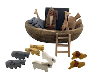 Vintage Noah's Ark Wooden Hand Carved Painted 18 piece Set Noah Animals Story