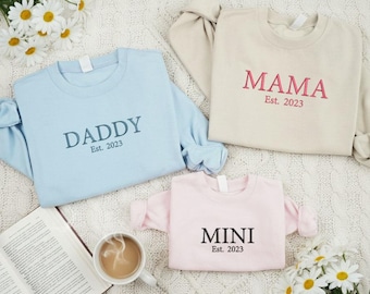 Personalized Embroidered Family Matching Sweatshirt, Dada Mama Mini Toddler Shirt, Custom Year T-shirt, New Parents Apparel, Newborn Romper