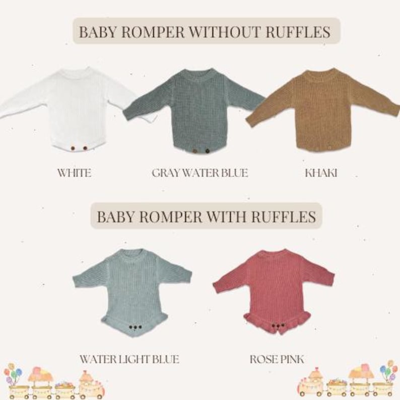 May include: A selection of baby rompers in various colors, including white, gray-water blue, khaki, water light blue, and rose pink. The image shows both rompers with and without ruffles. Text on the image reads "Baby Romper Without Ruffles" and "Baby Romper With Ruffles."