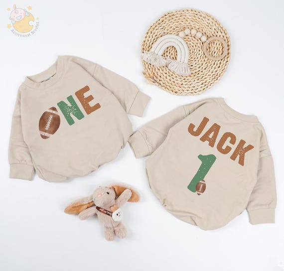 Personalized Football First Birthday Baby Romper, 1 Year Old Touchdown Outfit, Football Themed Party, Sports Birthday Outfit, First Birthday