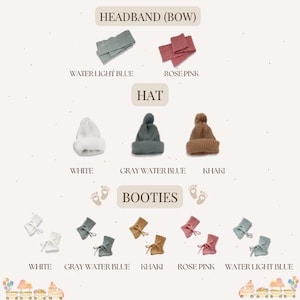 May include: A collection of baby accessories, including headbands, hats, and booties. The headbands are in water light blue and rose pink. The hats are white, gray water blue, and khaki. The booties are white, gray water blue, khaki, rose pink, and water light blue.