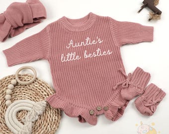 Embroidered Auntie's Little Bestie Baby Knit Baby Romper, Little Besties Romper, Newborn Photo Outfit, Baby Shower Gift, Gift From Auntie