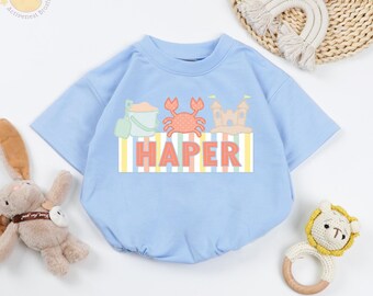 Personalized Summer Beach Theme Trio Baby Romper, Beach Day Baby Bodysuit, Summer Party Crab Toddler Shirt, Baby Shower Gift