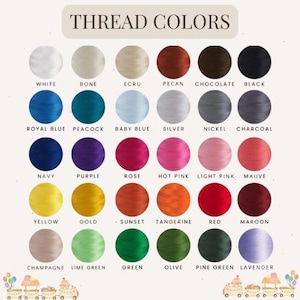 May include: A color chart titled "THREAD COLORS" displays a variety of thread colors. The chart includes colors such as white, black, red, and green. Each color is labeled with its name, providing a comprehensive guide for color selection.