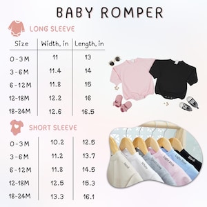 May include: Baby rompers in various colors, including sand, white, sport grey, light pink, light blue, and black, are displayed on hangers. The image also shows a pink and black romper, along with a size chart indicating measurements in inches for long and short sleeve options.