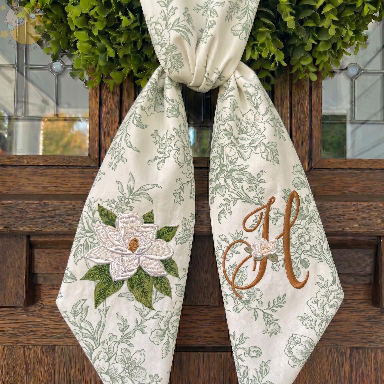 Custom Embroidered Magnolia Wreath Sash, Personalized Name Monogrammed Door Sash, Spring Toile Front Door Bow, Chinoiserie Magnolia Decor - 5x50 Inches, Green Floral