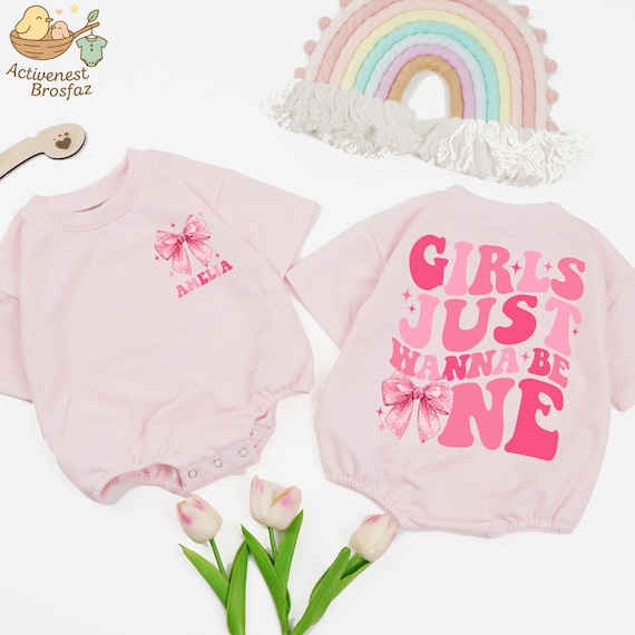 Girls Just Wanna Be One Birthday Baby Romper, Cute Pink Bow Birthday Bubble Romper, First Birthday Girl Outfit, Retro 1st Birthday Bodysuit