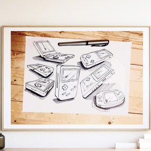 Capolavoro disegnato a mano di Game Boy – Decorazione da parete per videogiochi / Schizzo di console portatile vintage / Download digitale / Regalo per giocatori / Poster Nintendo anni '90