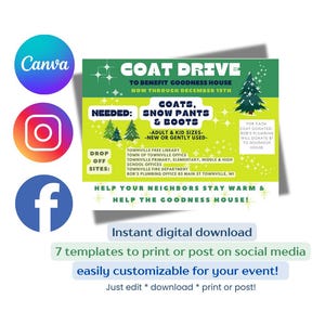 Könnte beinhalten: Digitaler Flyer für eine Mantelaktion mit dem Text "Coat Drive" und "Coats, Snow Pants & Boots Needed". Er listet Abgabestellen und Social-Media-Symbole für Canva, Instagram und Facebook auf. Der Flyer ist leicht anpassbar.
