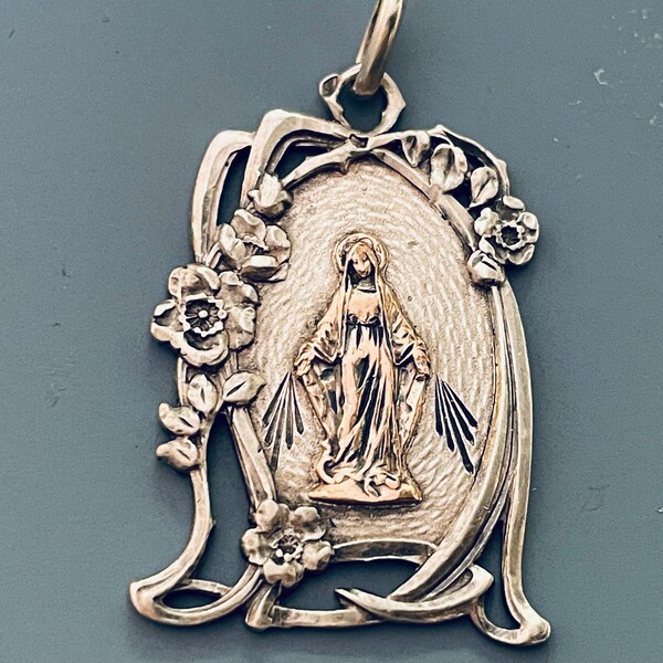 Vintage French Silver and Gold Our Lady of Grace Medal