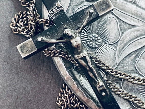 Vintage French Silver and Wood Crucifix Necklace - image 1
