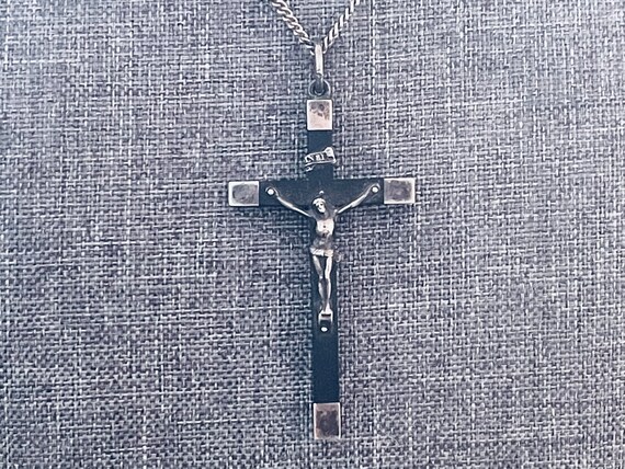 Vintage French Silver and Wood Crucifix Necklace - image 2