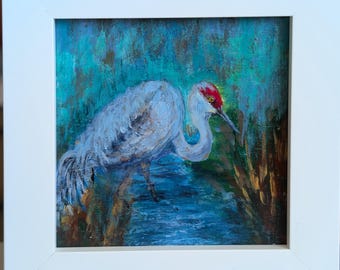 Klein kunstwerk van een kraanvogel – Miniatuurschilderij van een moerasvogel, natuurlijke wanddecoratie